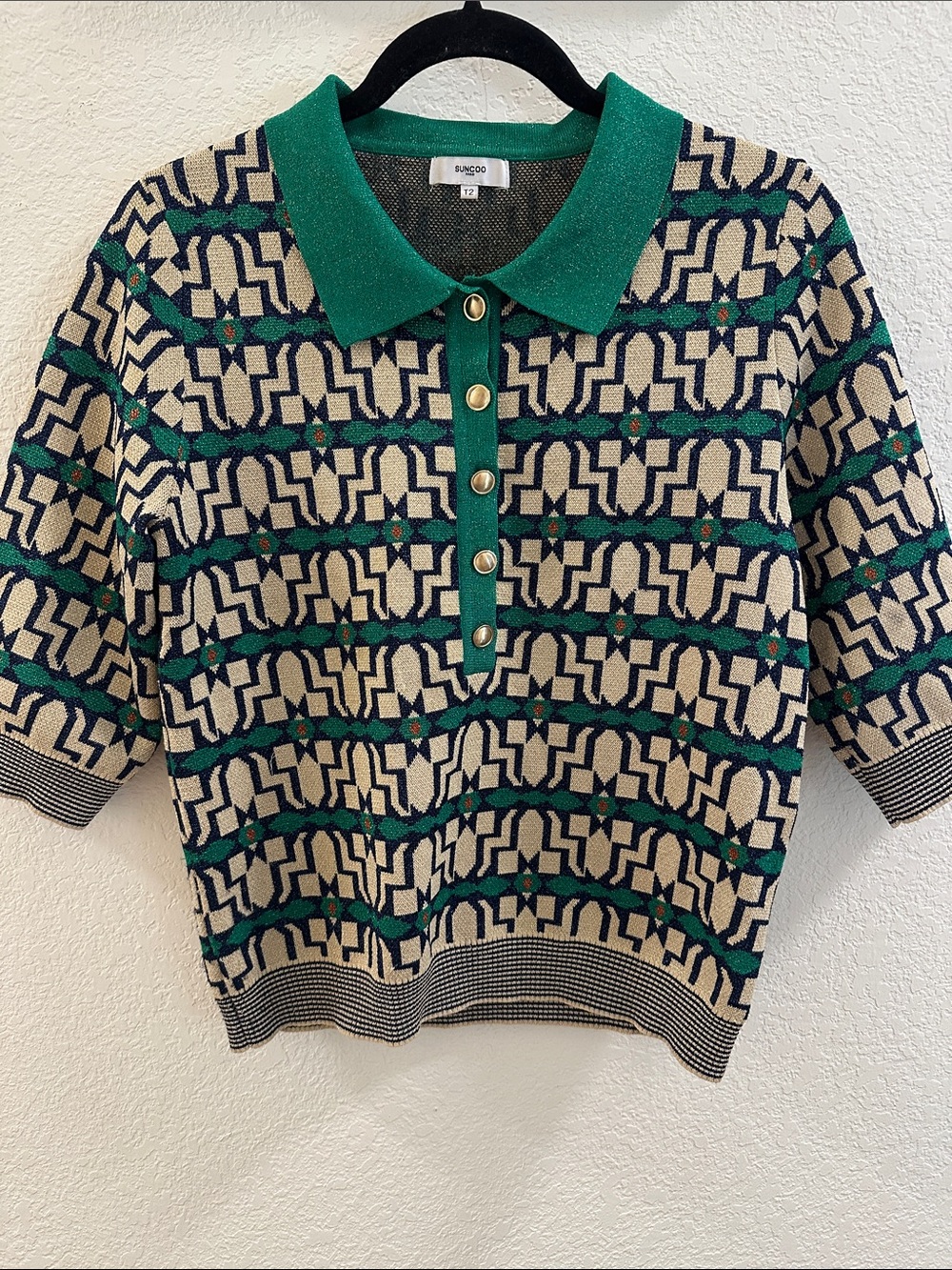 SUNCOO Green, Navy & Cream Geometric Polo Sweater
